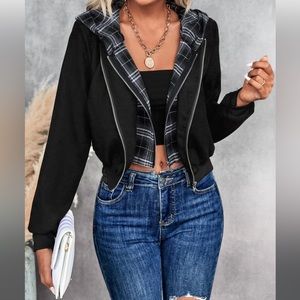 Plaid print zip up hooded jacket